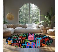 MOKOSAISE Cartoon Animal Lines Tappeto circolare pieghevole per vivere a casa sotto il tavolo Arredamento del corridoio Graffiti colorati Tappeti rotondi antiscivolo 150cm（Rotondo）