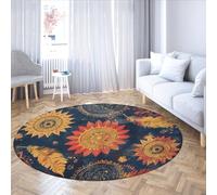 MOKOSAISE Tappeti rotondi in stile etnico 120cm（Rotondo） Sfondo blu motivo vintage di piume di girasole tappeto sottile e lavabile per la camera da letto del soggiorno
