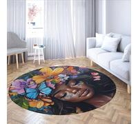 MOKOSAISE Tappeto rotondo a fiore colorato Tappeto nero da donna Tappetino circolare morbido antiscivolo per foyer per la cucina della scuola materna Ingresso Decorazione da pranzo 183cm(Rotondo)