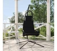 Mokuyary Sedia altalena da giardino e cuscino nero tessuto Oxford/acciaio poltrona relax, sedia altalena per soggiorno, giardino, terrazza, zona lettura, all'aperto, balcone