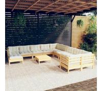 Mokuyary Set da giardino con cuscino crema, in legno di pino, per esterni, da balcone, da giardino, per terrazza, balcone, giardino, 12 pezzi
