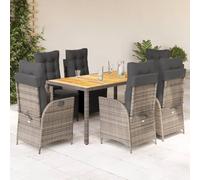 Mokuyary Set da pranzo da giardino e cuscini, 7 pezzi, grigio rattan, per 6 persone, mobili da tavolo e 6 sedie per terrazza, giardino, balcone, A101