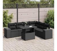 Mokuyary Set di 7 divani da giardino con cuscino, nero, in polyrattan, per esterni, per terrazze, balcone, giardino, A288