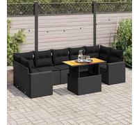 Mokuyary Set di 8 divani da giardino con cuscino, nero, in polyrattan, per esterni, per terrazze, balcone, giardino, A219