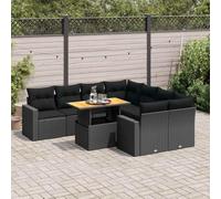 Mokuyary Set di 9 divani da giardino con cuscino, nero, in polyrattan, per esterni, per terrazze, balcone, giardino, A219