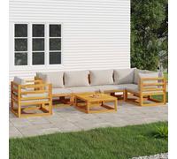 Mokuyary Set di mobili da giardino per esterni, set di mobili lounge, per balcone, divano, 7 pezzi, con cuscino grigio chiaro, in legno massiccio, modello 2 X Middle + 3 X angolo + sedia + tavolo