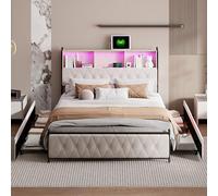 Mokylor Letto imbottito, letto matrimoniale beige con spazio sotto il letto, testiera imbottita in velluto con luci LED intelligenti e ripiano, 4 cassetti, rete a doghe, porta di ricarica USB + tipo C
