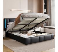 Mokylor Letto imbottito, letto matrimoniale idraulico con spazio di archiviazione sotto il letto, telaio letto funzionale per giovani con testiera imbottita in PU con luci LED, USB+Tipo C (140x200)