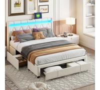 Mokylor Letto imbottito, moderno telaio letto matrimoniale con 4 cassetti portaoggetti sotto il letto, testiera imbottita in lino, letti con piattaforma con luci LED, USB+tipo C (beige, 140 x 200 cm)