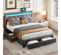 Mokylor Letto imbottito, moderno telaio letto matrimoniale con 4 cassetti portaoggetti sotto il letto, testiera imbottita in lino, letti con piattaforma con luci LED, USB+Tipo C (grigio, 160 x 200 cm)