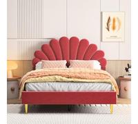 Mokylor Letto per bambini 140 x 200, letto singolo per ragazza, telaio di letti in legno con testiera e rete a forma di fiore, letto imbottito in stile principessa, velluto, rosso.