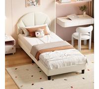 Mokylor Letto per bambini imbottito 90 x 200 cm con LED, letto da ragazza con testiera regolabile in altezza, letti da principessa, rete a doghe, telaio per letti piattaforma (B Beige, 90 x 200 cm)