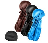 Molain 3 cappucci in seta da uomo e 1 cuffia Durag setosa con coda lunga, elastica, morbida, traspirante, setosa, perfetta per onde 360/720 (nero, caffè e blu)