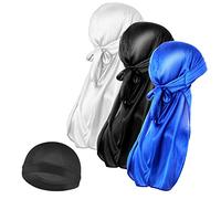 Molain Berretto a Onda di Seta, Cappucci setosi con Fascia Lunga, Coda Elastica, durags Morbido Traspirante, Wave cap Capelli 360/720 Nero & Bianco