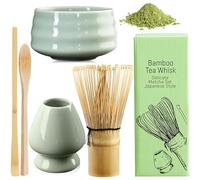 Molbory Set per Matcha - Ciotola e supporto per frusta in ceramica - Scopa e 2 cucchiai di bambù - per la cerimonia - Ciano