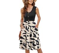 MOLERANI Abiti Estivi da Donna Abito Midi Senza Maniche Casual Allentato con Bottoni e Tasche Fondo Albicocca Foglia Nera S