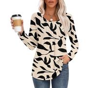 MOLERANI Camicie da Donna Scollo Rotondo Top Casual da Donna a Manica Lunga con Pieghe Frontali Albicocca Foglia Nera 3XL