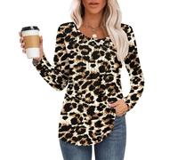 MOLERANI Camicie da Donna Scollo Rotondo Top Casual da Donna a Manica Lunga con Pieghe Frontali Leopardo Marrone e Nero 3XL