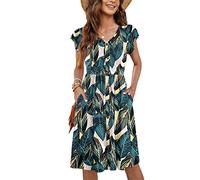 MOLERANI Donne Abiti Estivi Increspature Manica A V Collo Casuale Swing Elastico Vita Midi Abito con Tasche Stampa Fogliare M
