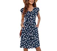 MOLERANI Donne Abiti Estivi Increspature Manica A V Collo Casuale Swing Elastico Vita Midi Abito con Tasche Floral Navy L
