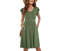MOLERANI Donne Abiti Estivi Increspature Manica A V Collo Casuale Swing Elastico Vita Midi Abito con Tasche Army Green L
