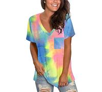 MOLERANI T-Shirt Casual Larghe da Donna a Maniche Corte estive con Scollo a V Tinto Rosa Giallo Blu 2XL