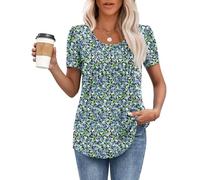 MOLERANI T-Shirt da Donna Top a Maniche Corte T-Shirt Morbida con Scollo Rotondo Top Estivi Casual e Allentati Fiori Blu e Verdi M