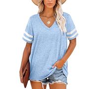 MOLERANI T-Shirts Magliette estive da Donna con Scollo a V Manica a Righe（Cielo Blu，XL）