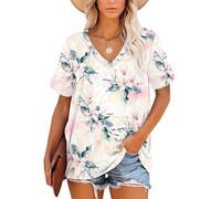 MOLERANI T-Shirts Magliette estive da Donna con Scollo a V Manica a Righe（Fiori Rosa e Bianchi，L）