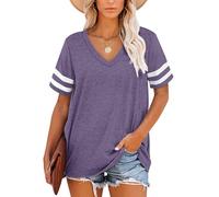 MOLERANI T-Shirts Magliette estive da Donna con Scollo a V Manica a Righe（Ibisco Viola，L）