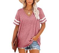 MOLERANI T-Shirts Magliette estive da Donna con Scollo a V Manica a Righe（Rosa，2XL）