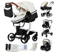 MoLi Pelle PU Passeggino Trio, Passeggino 3 in 1 con Doppia Modalità Push Reversibile, Trio Passeggini Neonati con Grande Navicella, Carrozzina per Neonati in Alluminio Pieghevole (B518 White)