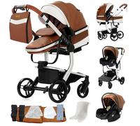 MoLi Pelle PU Passeggino Trio, Passeggino 3 in 1 con Doppia Modalità Push Reversibile, Trio Passeggini Neonati con Grande Navicella, Carrozzina per Neonati in Alluminio Pieghevole (B518 Khaki)
