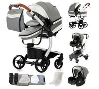 MoLi Pelle PU Passeggino Trio, Passeggino 3 in 1 con Doppia Modalità Push Reversibile, Trio Passeggini Neonati con Grande Navicella, Carrozzina per Neonati in Alluminio Pieghevole (B518 Grey)