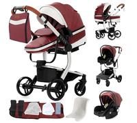 MoLi Pelle PU Passeggino Trio, Passeggino 3 in 1 con Doppia Modalità Push Reversibile, Trio Passegginos Neonati con Grande Navicella, Carrozzina per Neonati in Alluminio Pieghevole (B518 Red)