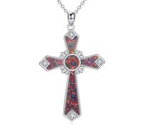 MOLICACI Collana da donna in argento S925 con croce di diamanti da 0,02 ct e opale di fuoco rossa, collana con diamante coltivato in laboratorio, per donne, ragazze, mamma, compleanno, Natale, 51 cm