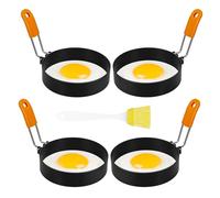 MOLIMOLI 4 moules à œufs pour la poêle, moule frits de 3,9 pouces, anneau en Acier inoxydable avec antiadhésif, Machine au Plat crêpe/Omelette, y compris poignée pliante Silicone et pinceau huile