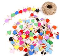 Mollette in Legno 100 Pezzi Mini a Forma di Cuore Clip di Legno Mollettine Bucato Decorative con 30 Metri Filo Juta Naturale per Foto Biglietti Matrimonio Scrapbooking DIY