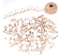 Mollette in Legno 100 Pezzi Mini a Forma di Cuore Clip di Legno Mollettine Bucato Decorative con 30 Metri Filo Juta Naturale per Foto Biglietti Matrimonio Scrapbooking DIY Bianco