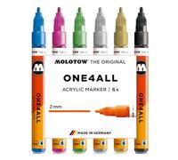 Molotow One4All 127HS - Set di 6 pennarelli acrilici metallizzati (spessore del tratto 2,0 mm, ad asciugatura rapida, ricaricabili, per quasi tutte le superfici, 6 pezzi assortiti