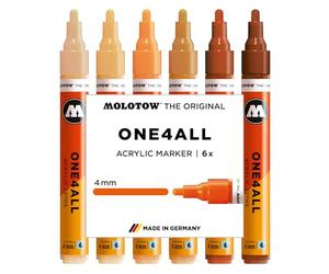 Molotow One4All 227HS - Set di 6 pennarelli acrilici in legno (4,0 mm di spessore, altamente coprenti e permanenti, ad asciugatura rapida, ricaricabili, per quasi tutte le superfici, 6 pezzi assortiti