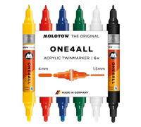 Molotow One4All Acrylic Twin Marker Basic Set 1 (1,5 e 4,0 mm di spessore, altamente coprente e permanente, ad asciugatura rapida, ricaricabile, per quasi tutte le superficie), 6 pezzi assortiti