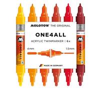 Molotow One4All Acrylic Twin Marker Hot Set (1,5 e 4,0 mm di spessore, altamente coprente e permanente, ad asciugatura rapida, ricaricabile, per quasi tutte le superficie), 6 pezzi assortiti