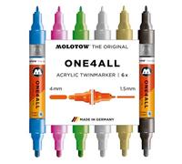 Molotow One4All Acrylic Twin Marker Metallic Set (1,5 e 4,0 mm di spessore, altamente coprente e permanente, ad asciugatura rapida, ricaricabile, per quasi tutte le superficie), 6 pezzi assortiti