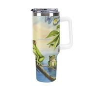 Molte rane cantano sui rami Summer Butterflies Lake Water Bicchiere in acciaio inossidabile da 1,18 ml a prova di perdite, grande capacità, tazza per auto con manico cannuccia a doppia parete