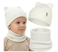 molti Baby Set Berretto con orecchie e sciarpa ad anello in 100% lana merino certificata OEKO TEX set di transizione traspirante da 6 mesi a 3 anni, crema, 42-44