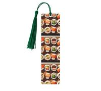 Molti segnalibri in legno con motivo cibo sushi, fatti a mano, stampati su entrambi i lati, con nappe verde scuro, accessori per libri, regalo per amanti dei libri, donne e uomini