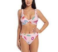 Molti set bikini gelato colorato costume da bagno due pezzi set per le donne con pantaloncini due pezzi costume da bagno Halter Neck, Nero , M