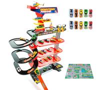 MOLTO | Garage di 5 piani in centro città + 10 macchinine + tappeto da gioco - Rampe, loop e pista ad alta velocità - Stazioni di servizio e pista per elicotteri