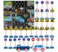 MOLUCKFU Set Giocattoli Segnali Stradali in Legno, 33 Cartelli Stradali 2 Veicoli e Mappa, Blocchi Educativi per Gioco di Simulazione e Sicurezza Stradale